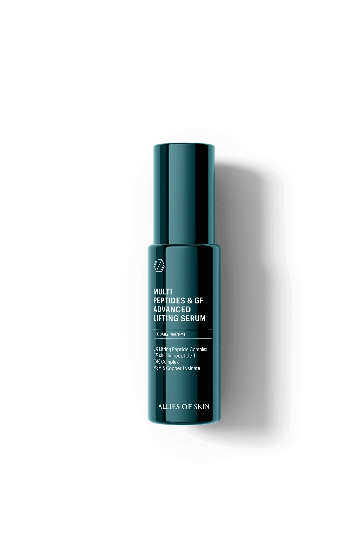 Teal serum bottle labeled 'Allies of Skin' on a white background
