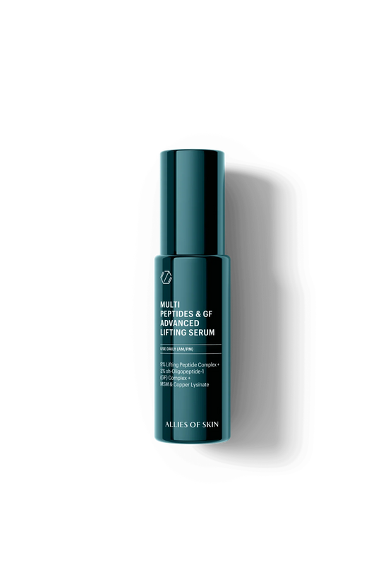 Teal serum bottle labeled 'Allies of Skin' on a white background