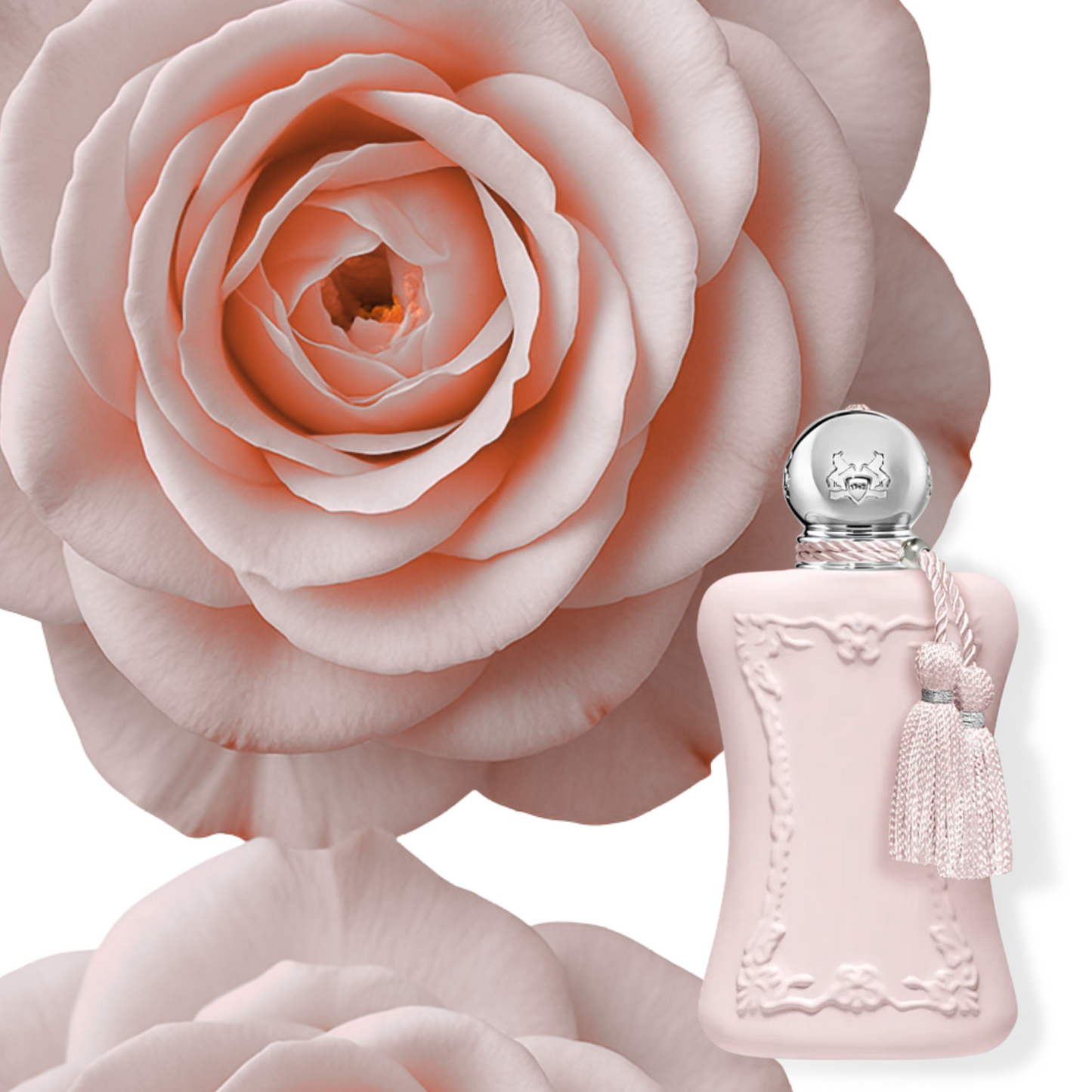 Parfums De Marly Delina EDP bottle with light pink flower